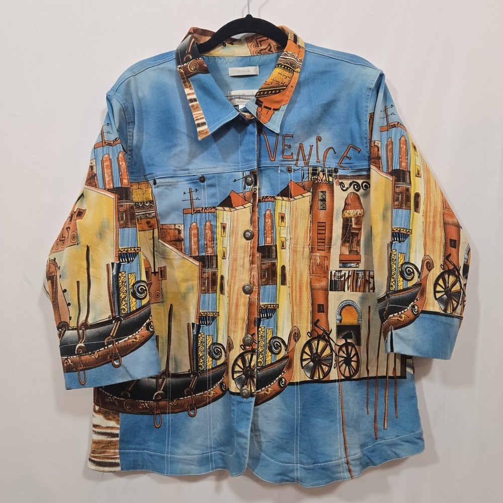 C.J. Banks Venice Italy Gondola Scenic Art Print Button Shirt Jacket XL